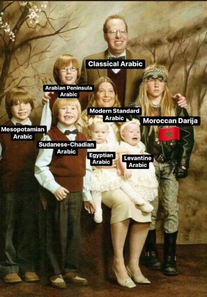 Meme: a formal family portrait with each member labelled as a variety of Arabic, from Classical Arabic to Moroccan Darija.